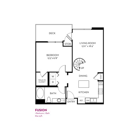 Floor plan for 1 bed, 1 bath, 864 sqft